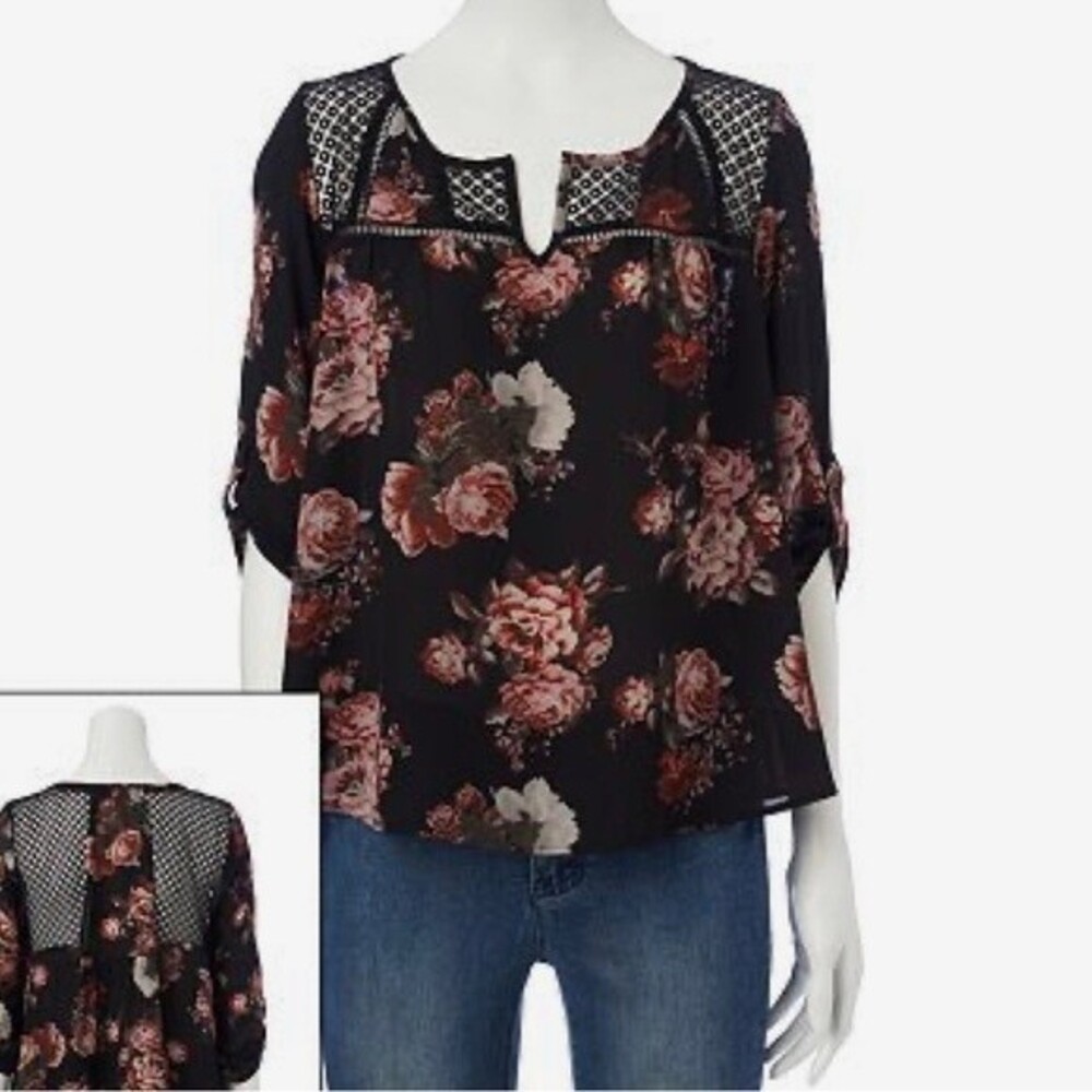 Black floral top with lace detail size medium